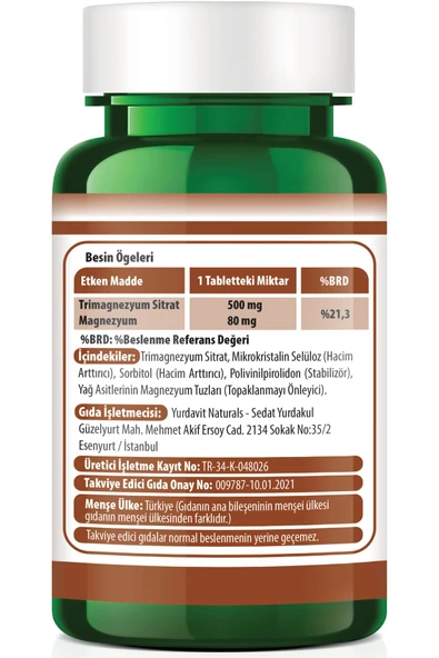 Yurdavit Magnezyum Sitrat 500 Mg 120 Tablet Magnesium Citrate Kasım 2026 - 2