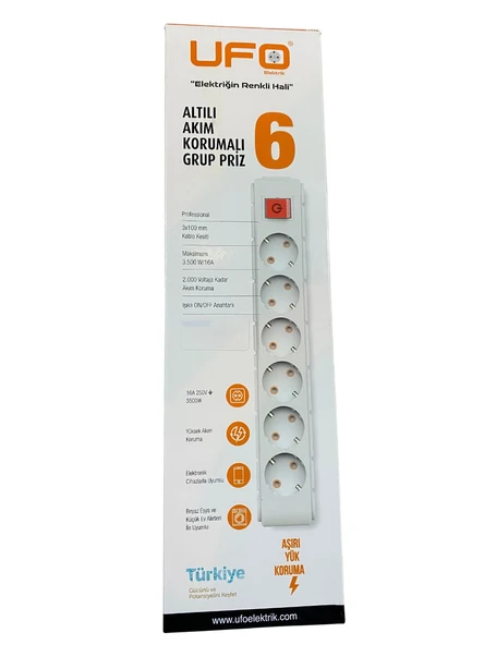 Ufo Elektrik Altılı Akım Korumalı Grup Priz 1.5MT 6'lı 3500W - 2