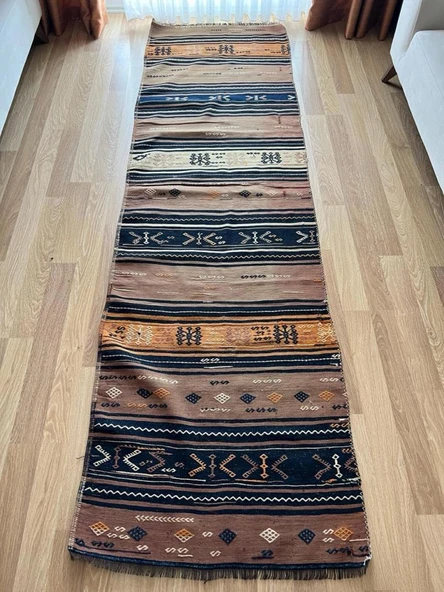 88x296cm El Dokuma Kilim, Çizgili Desenli Vintage Yün Kilim, Boho Tarzı, Antik Anadolu Kilimi