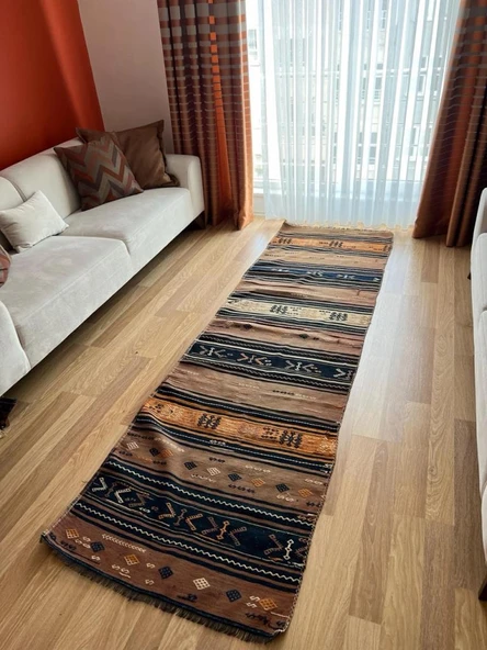88x296cm El Dokuma Kilim, Çizgili Desenli Vintage Yün Kilim, Boho Tarzı, Antik Anadolu Kilimi - 2