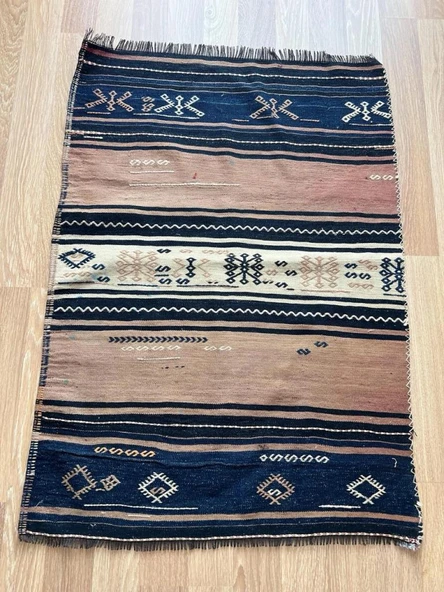 84x118 cm El Yapımı Yün Kilim, Çizgili Pıtrak Desenli Vintage Bohem Kilim, Eşsiz Dekoratif Kilim