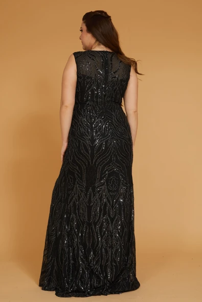 Ankyra Kendinden Desenli Pul Detaylı Geniş Askılı Balık Abiye Elbise - Resim 3