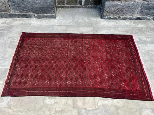 188x337 cm Büyük Kırmızı Tonlu Türk Kilimi, Şık Desenli El Dokuma Vintage Halı, Bohem Ev Dekoru Yün Kilim