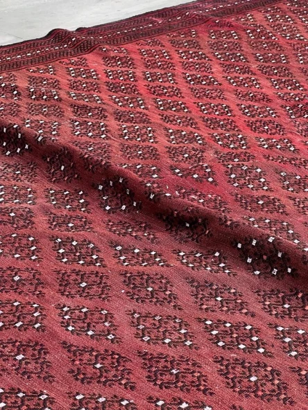 188x337 cm Büyük Kırmızı Tonlu Türk Kilimi, Şık Desenli El Dokuma Vintage Halı, Bohem Ev Dekoru Yün Kilim - 6