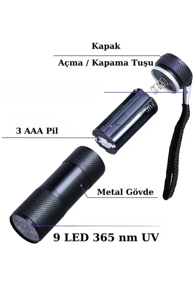 UV-101 Ultraviyole Mor Işık Fener, 365 nm Uv El Feneri - 5