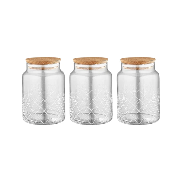 Selka Home - 3'lü Kesme Detaylı Ahşap Kapak Kavanoz 890 ML - 3