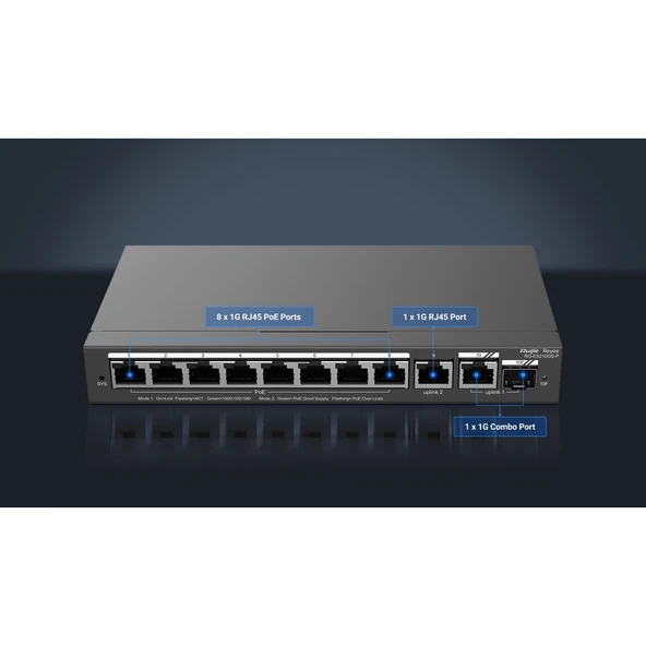 RUIJIE RG-ES210GS-P 8 PORT 10/100/1000 8 PORT POE 1XGE UPLINK 1 X SFP 120W RUJIE CLOUD YONETILEBILIR DESKTOP SWITCH