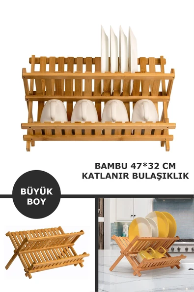 Nishev.com Evini Sev 2 Katlı Bambu Katlanabilir Tabaklık Bulaşıklık Büyük Boy Mutfak Bulaşık Kurutma Rafı 47x32 cm