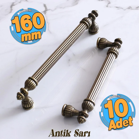 10 Adet Şah 160 mm Eskitme Antik Sarı  Metal Mobilya Mutfak Çekmece Kapak Dolap Dolabı Kulpu Kulbu