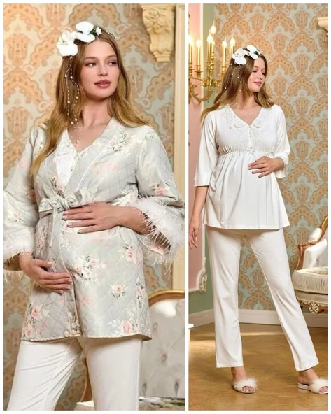 Cossy By Aqua Kadın Krem Lohusa 3'lü Pijama Takımı 25151