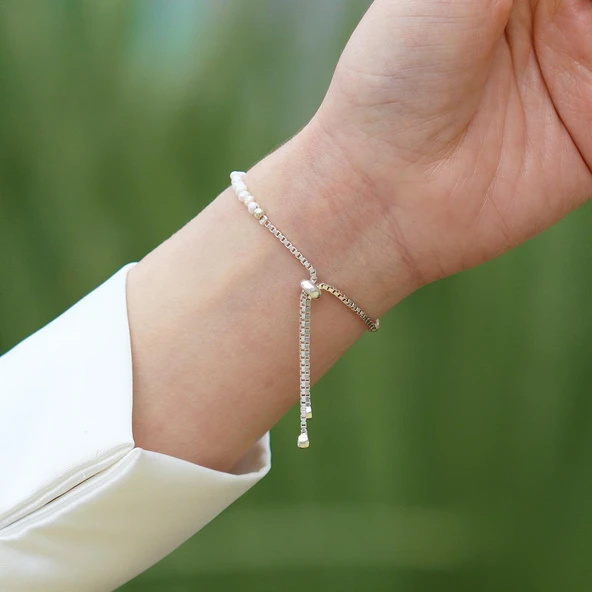 İncili Asansörlü Gümüş Bileklik - Resim 6