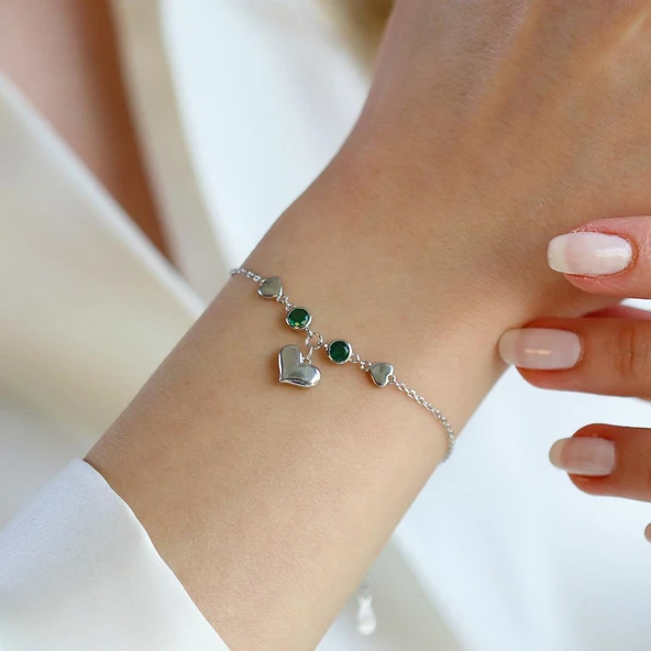 Kalp Yeşil Zirkon Taşlı Gümüş Bileklik - Resim 3