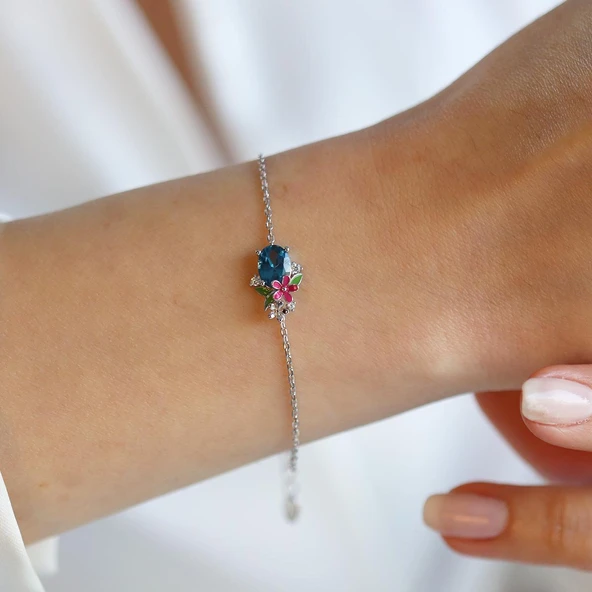 Tanzanit Taşlı Çiçekli Gümüş Bileklik - Resim 6
