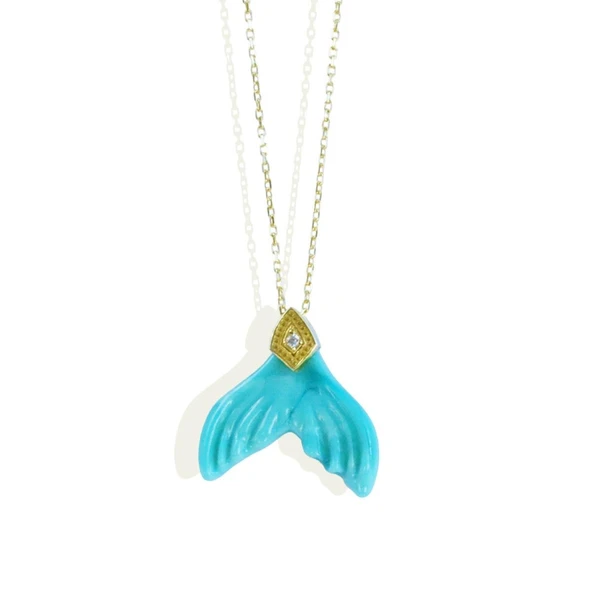 Kuyruk Turkuaz Taşlı Gold Gümüş Kolye - Resim 4