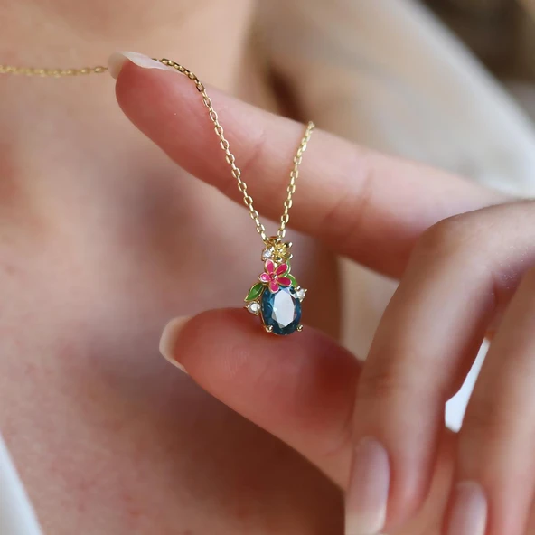 Tanzanit Taşlı Çiçekli Gümüş Kolye - Resim 3