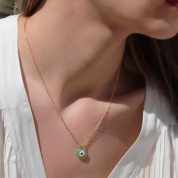 Nazar Boncuklu Mine Işli Gold Kaplama Gümüş Kolye - Resim 3