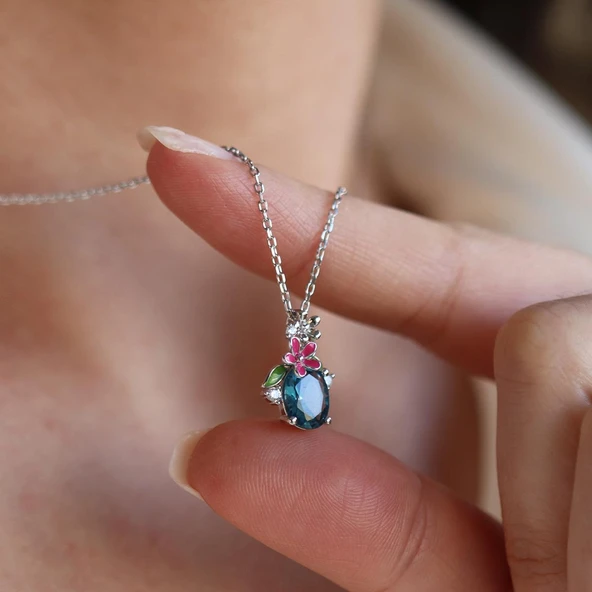 Tanzanit Taşlı Çiçekli Gümüş Kolye - Resim 7