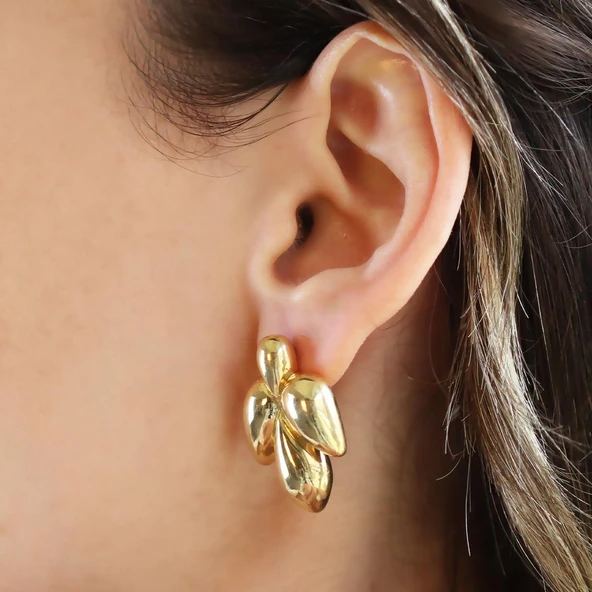 Yaprak Bombeli Gold Gümüş Küpe - Resim 3