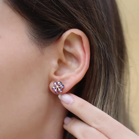 Mistik Topaz Taşlı Rose Gold Çiçek Gümüş Küpe - Resim 3