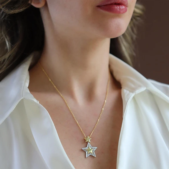 Stars Baget Taşlı Gold Gümüş Kolye ürün görseli 1