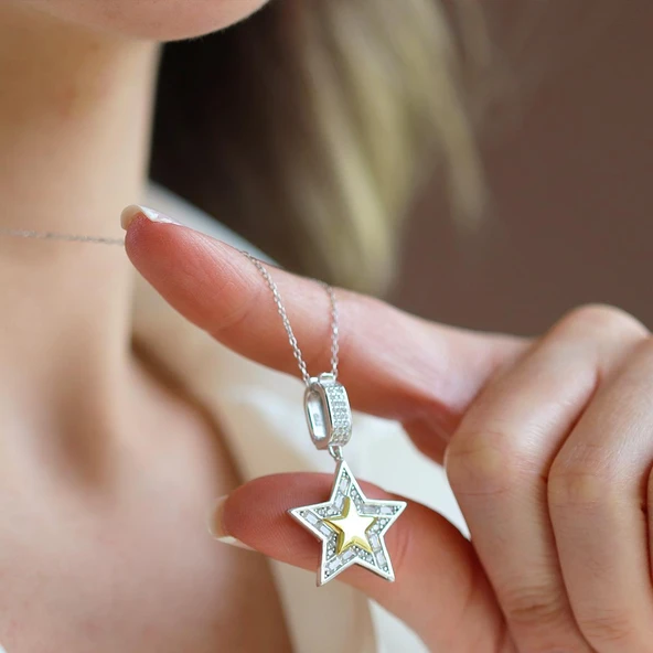 Stars Charm Gold Gümüş Kolye - Resim 2