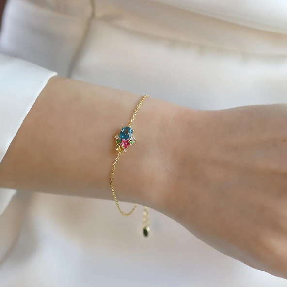 Tanzanit Taşlı Çiçekli Gümüş Bileklik - Resim 2