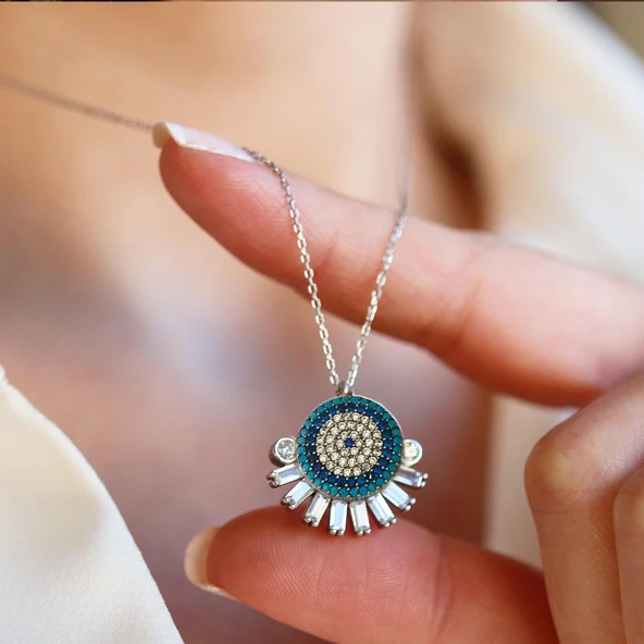 Nazar Boncuklu Zirkon Taşlı Gümüş Kolye - Resim 2