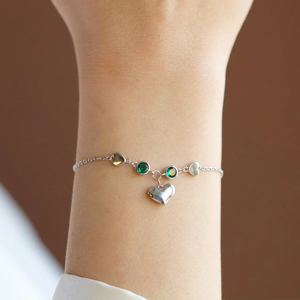 Kalp Yeşil Zirkon Taşlı Gümüş Bileklik - Resim 2