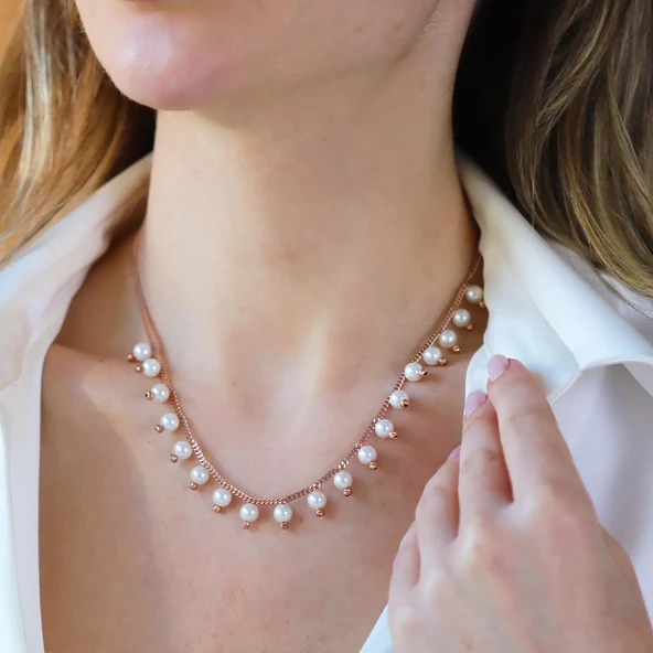 Sıra incili Rose Gold Trend Gümüş Kolye - Resim 2