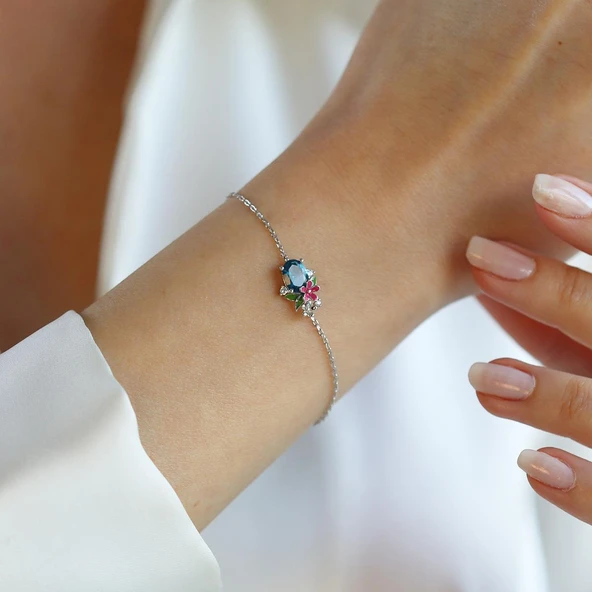 Tanzanit Taşlı Çiçekli Gümüş Bileklik - Resim 4