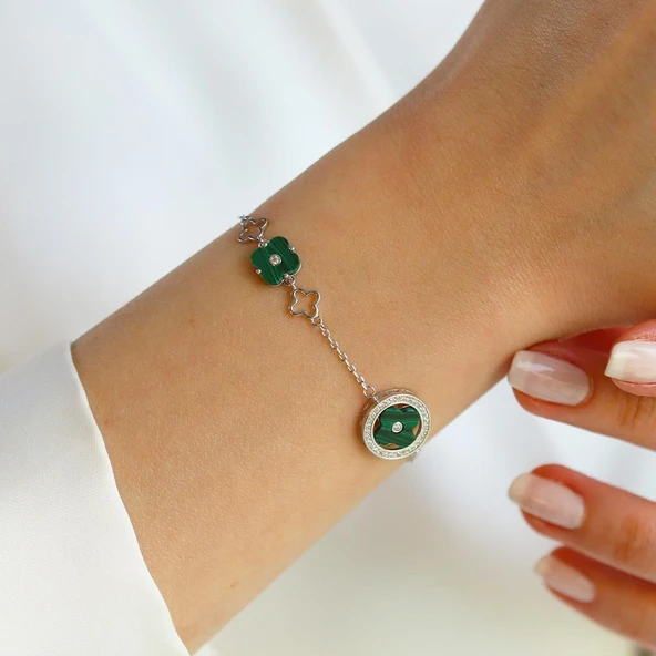 Malahit Taşlı Yonca Gümüş Bileklik - Resim 3