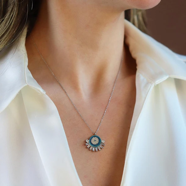 Nazar Boncuklu Zirkon Taşlı Gümüş Kolye ürün görseli 1