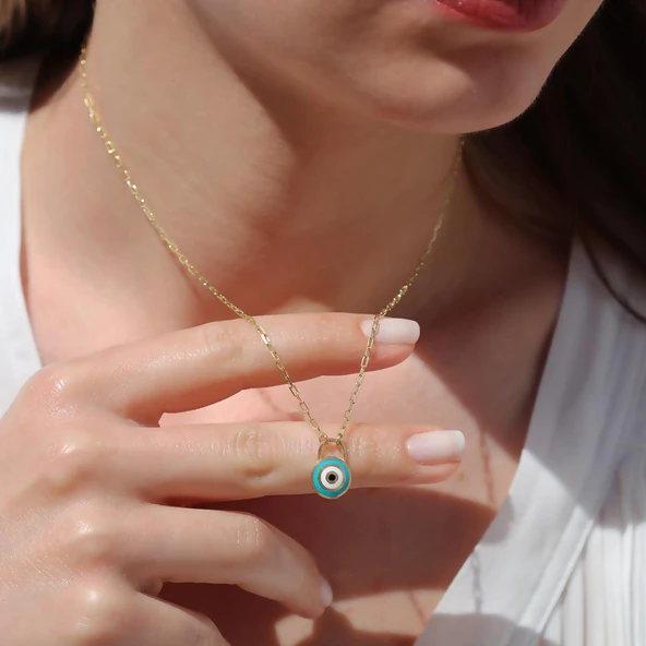 Nazar Boncuklu Mine Işli Gold Kaplama Gümüş Kolye - Resim 2