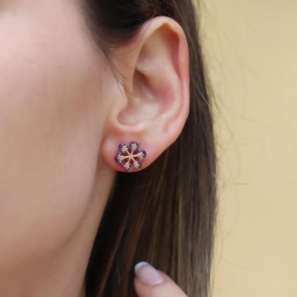 Mistik Topaz Taşlı Rose Gold Çiçek Gümüş Küpe - Resim 2