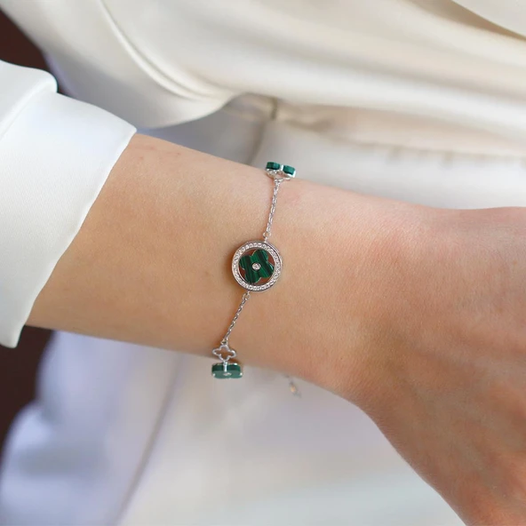 Malahit Taşlı Yonca Gümüş Bileklik - Resim 2