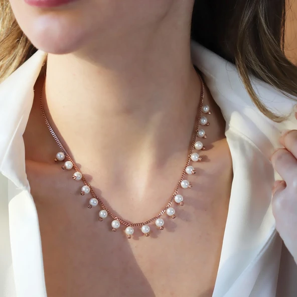 Sıra incili Rose Gold Trend Gümüş Kolye - Resim 3