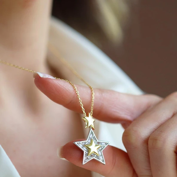 Stars Baget Taşlı Gold Gümüş Kolye - Resim 3