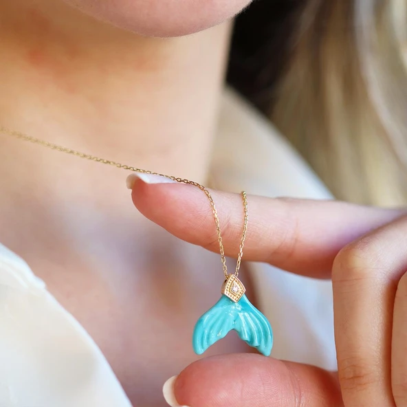 Kuyruk Turkuaz Taşlı Gold Gümüş Kolye - Resim 3