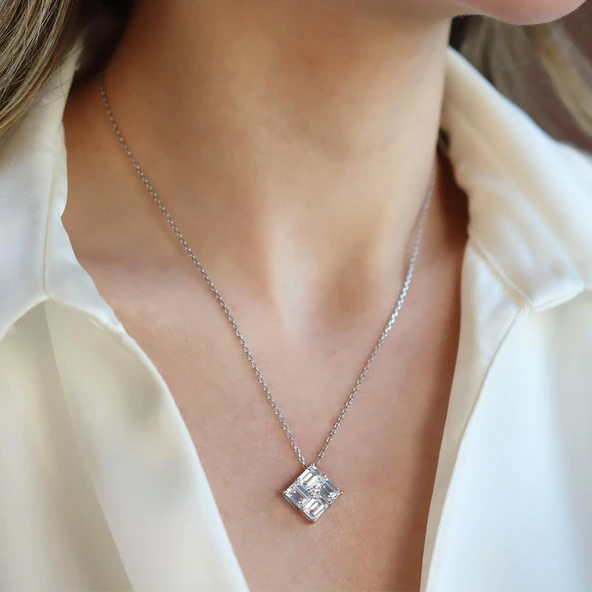 Square Kesim Baget Gümüş Kolye - Resim 2