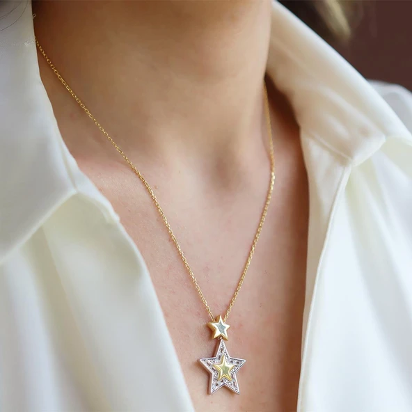Stars Baget Taşlı Gold Gümüş Kolye - Resim 2