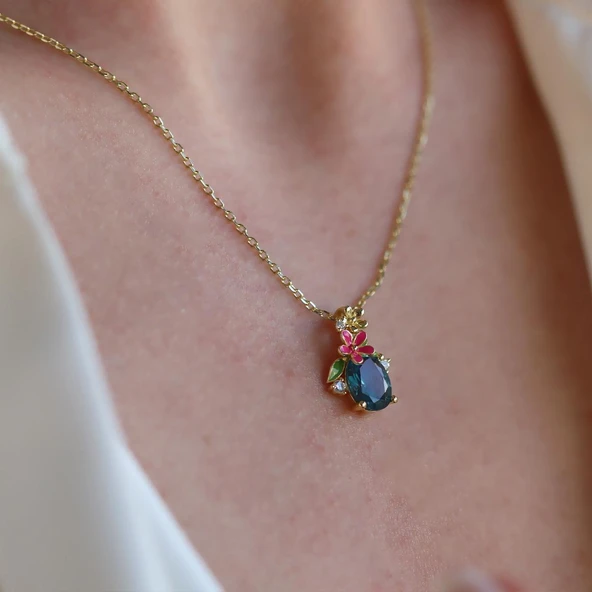 Tanzanit Taşlı Çiçekli Gümüş Kolye - Resim 2