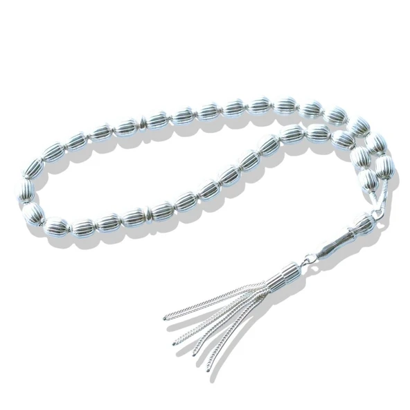 4 Püsküllü Çizgili Arpa Kesim 925 Ayar Gümüş Tesbih ürün görseli 1