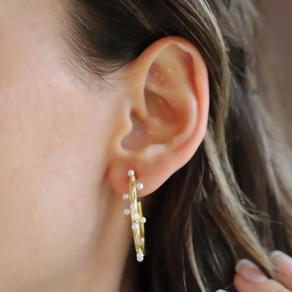 İncili Dal Gold Gümüş Halka Küpe - Resim 2