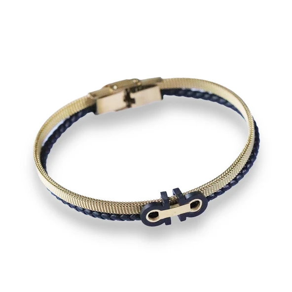 Örgülü Hasır Gold Deri Çelik Bileklik - Resim 2