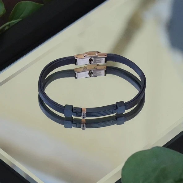 Kahverengi Rose Deri Çelik Bileklik - Resim 2