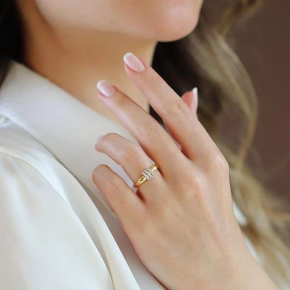 Trend Taşlı Gold Ayarlanabilir Gümüş Yüzük - Resim 2