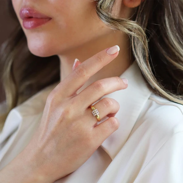 Trend Taşlı Gold Ayarlanabilir Gümüş Yüzük ürün görseli 1