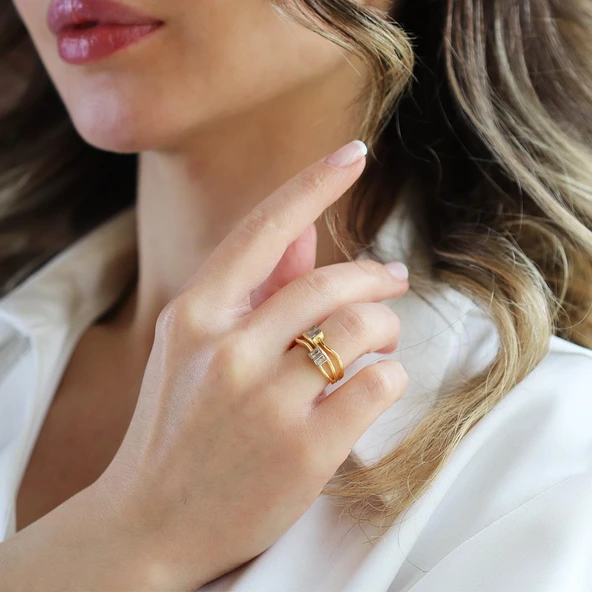 Taşlı Trend Ayarlanabilir Gold Gümüş Yüzük ürün görseli 1