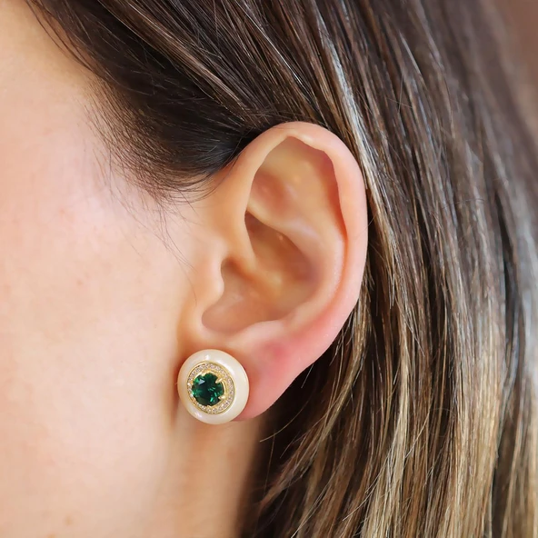 Yuvarlak Gold Yeşil Taşlı Gold Gümüş Küpe - Resim 2