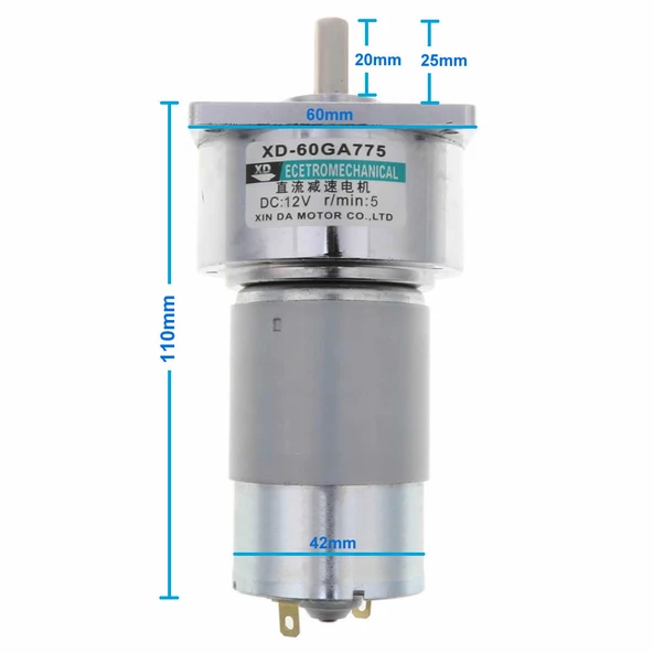 Alkatronik XD-60GA775 DC Motor 12V 5Rpm 35W 87Kg.cm Yüksek Tork Kuvvet Metal Dişli Redüktörlü Robot Cnc Makine - Resim 3
